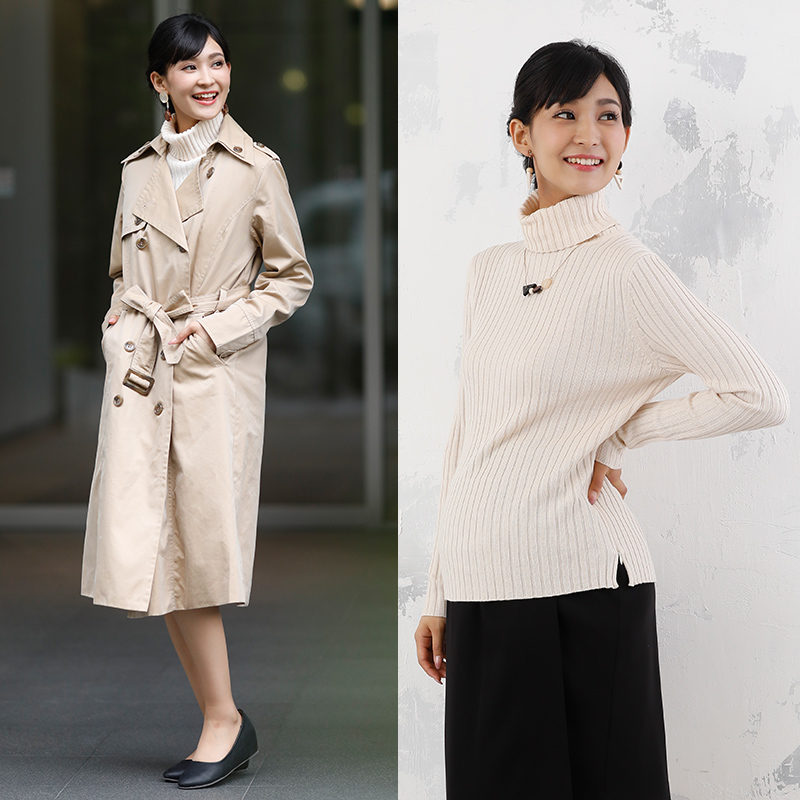 【マタニティトップス】襟元にコットンを使った 授乳対応 ウール混 タートル リブ ニット セーター M~L