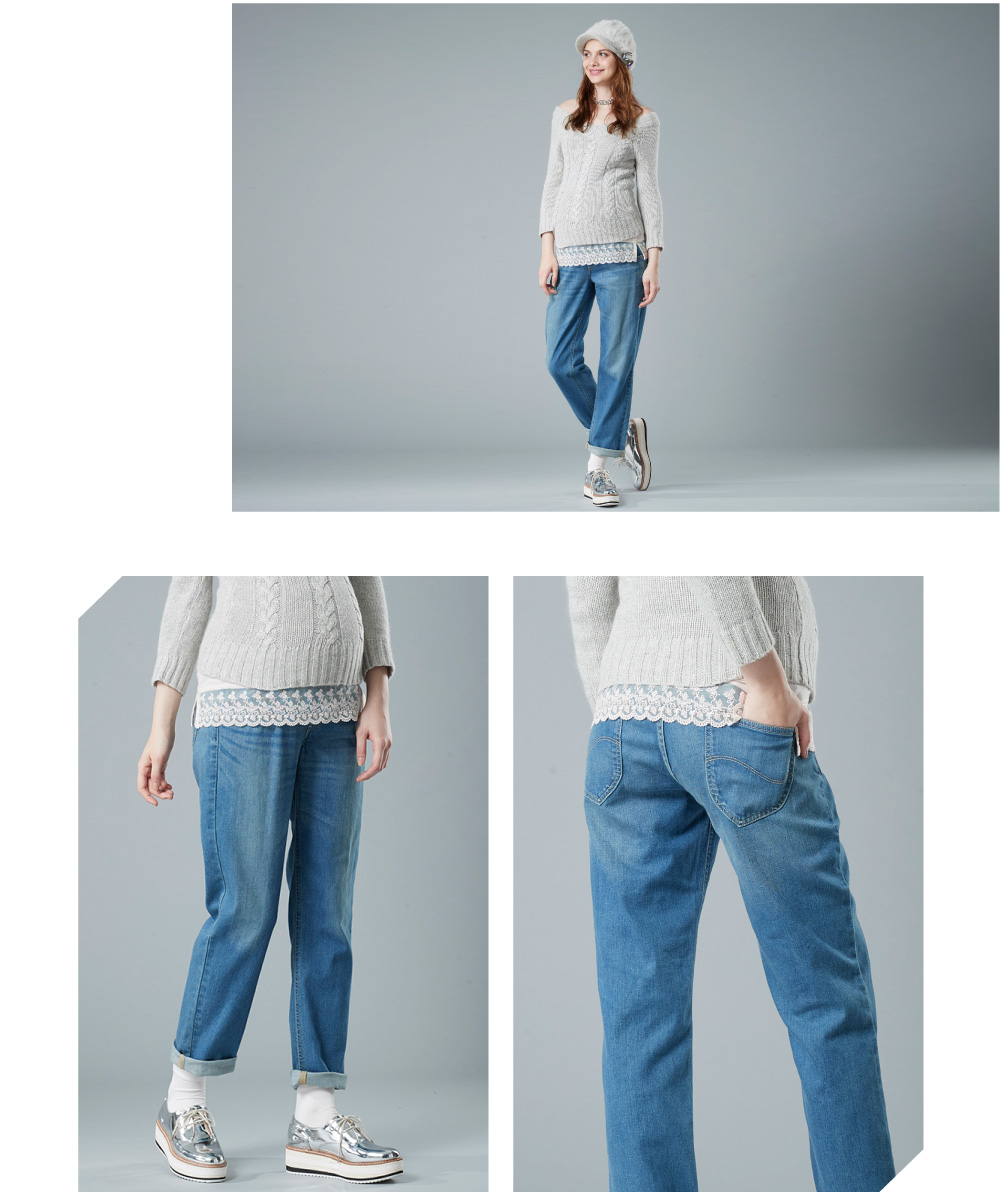 【マタニティパンツ】【マタニティウェア】【Lee】産前産後 兼用 2WAY リブ テーパード ストレッチ デニム パンツ S/M/L