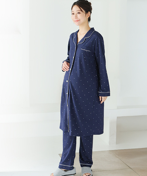 【Web限定】長袖ドット柄ロング丈マタニティパジャマ | マタニティウェア・授乳服